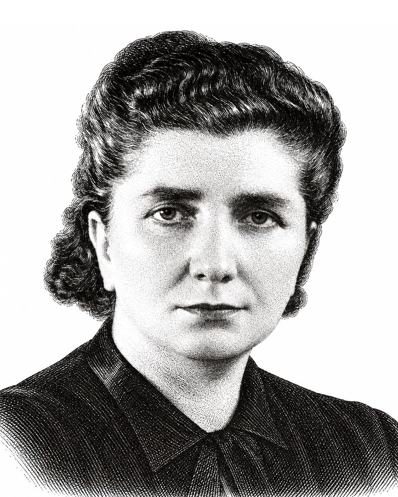 Rachel Auerbach, head-and-shoulders portrait: a woman with her hair swept up, looking directly at the camera.